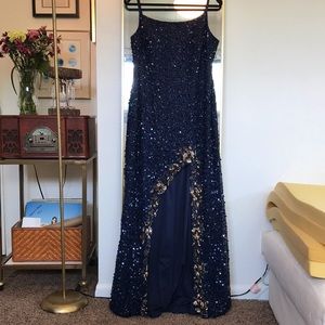Sequin navy/gold prom black tie dress 14/16 XL